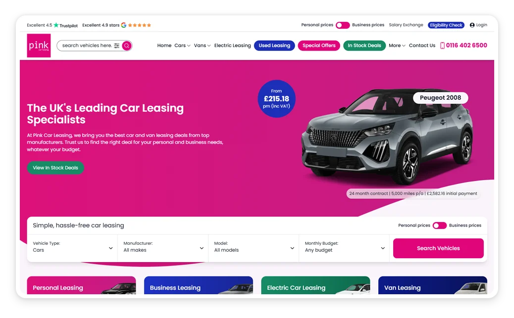 Pink Car Leasing broker website design